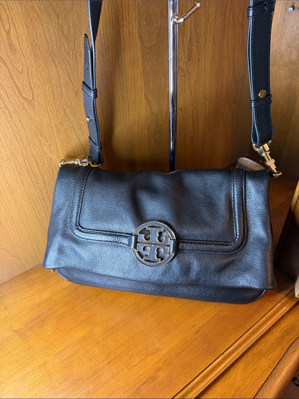 Tory Burch Black Leather Foldover Shoulder Bag with Removable Long Strap